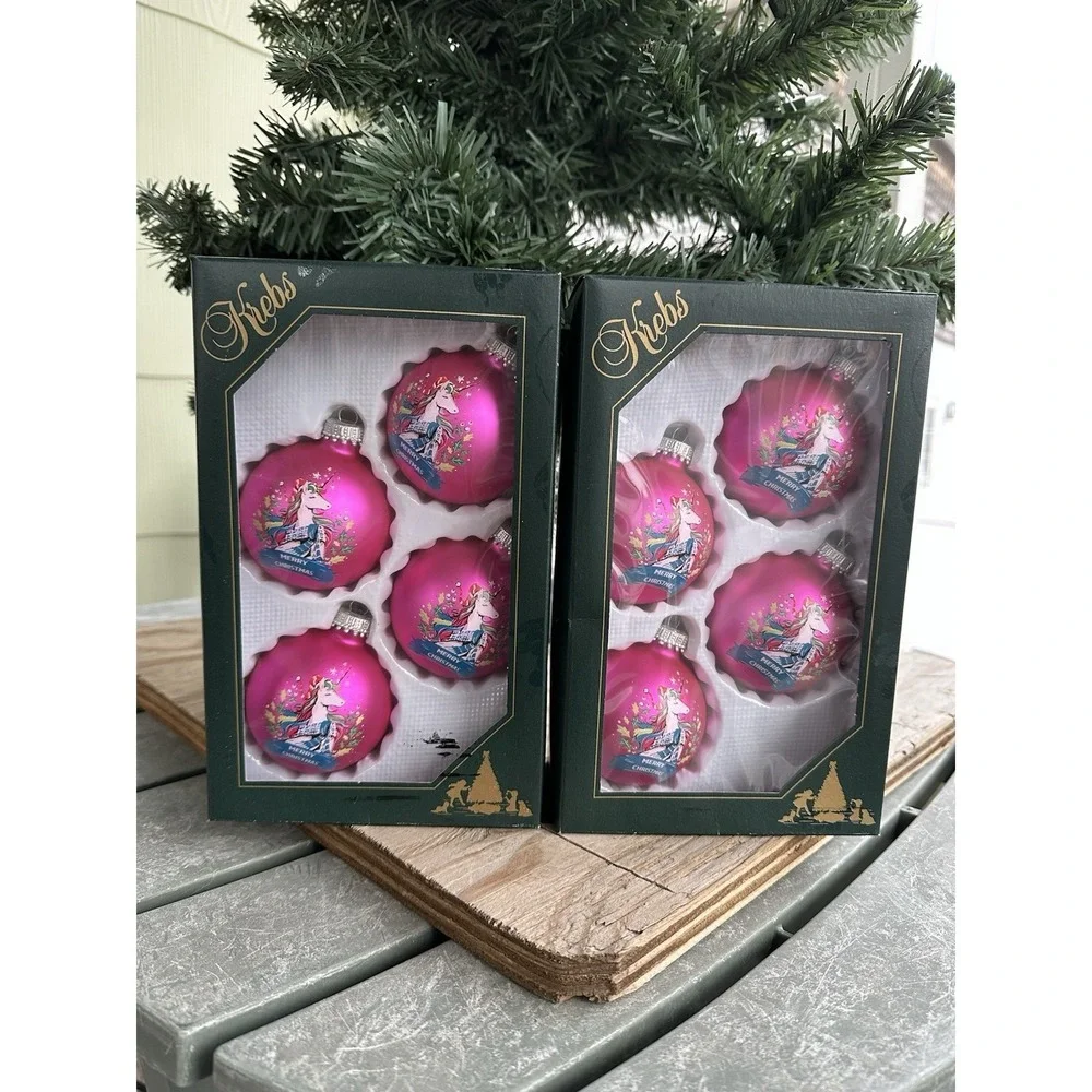 8 New Krebs Glass Ball Christmas Ornaments Pink Unicorns Merry Christmas‎